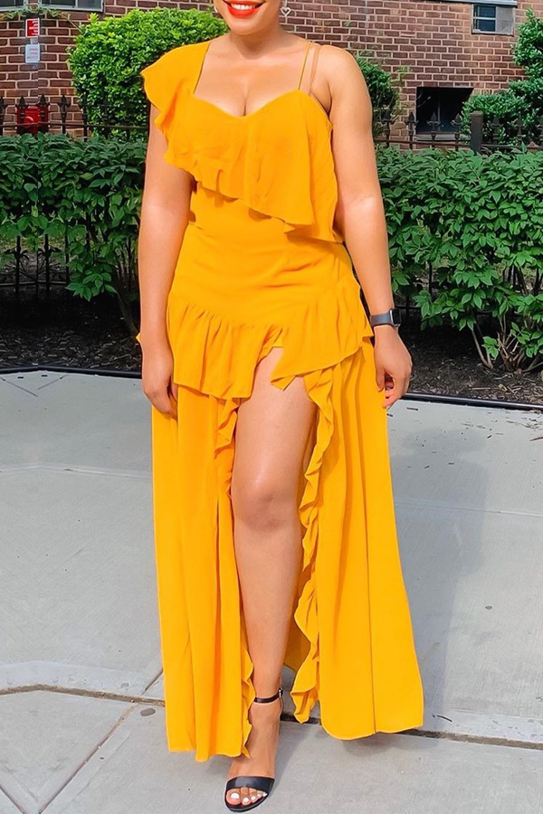 

Lovely Trendy Flounce Design Yellow Ankle Length Dress