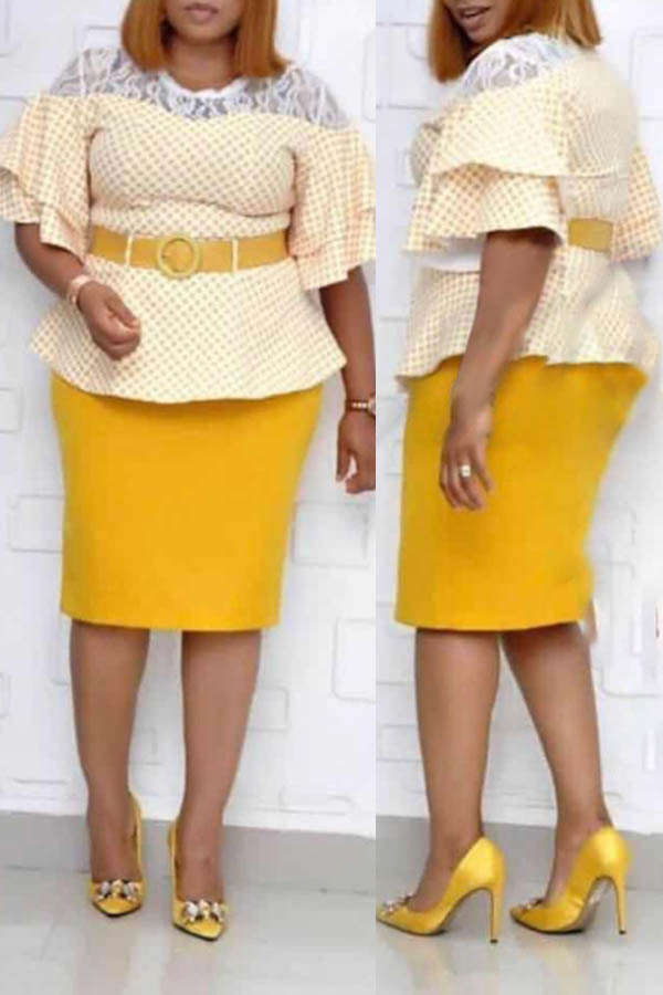 

Lovely Casual Lace Patchwork Yellow Knee Length Plus Size Dress