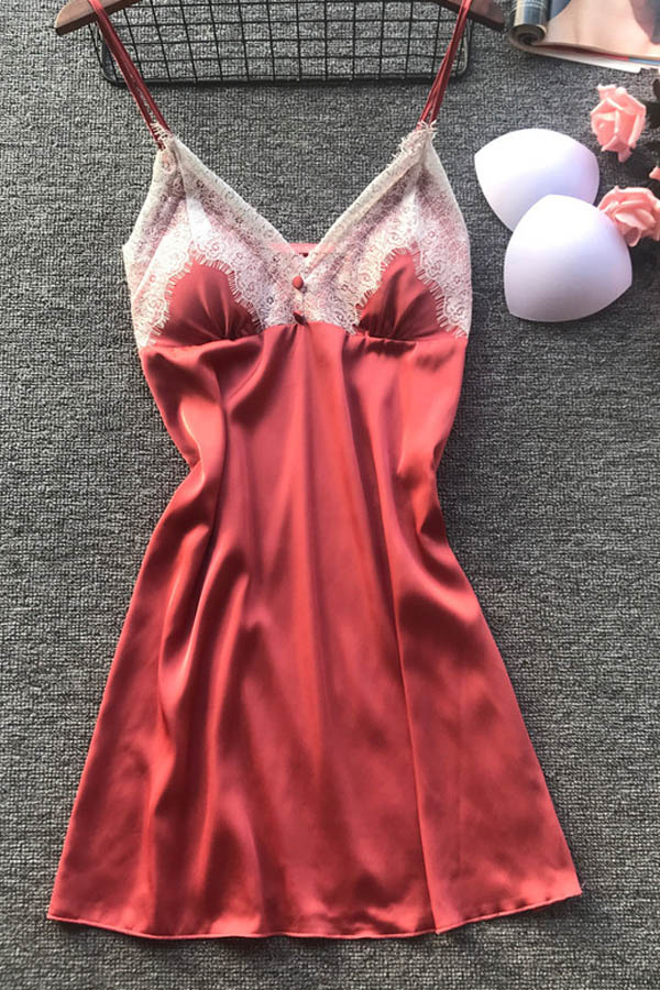 

Lovely Stylish Patchwork Wine Red Sleepwear