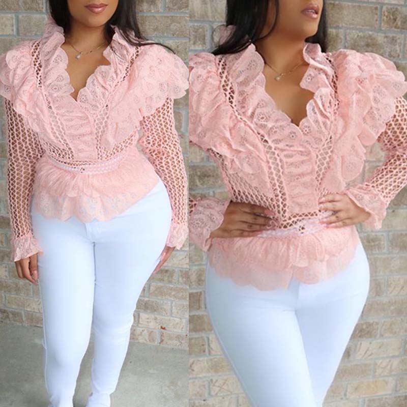 

Lovely Sweet Flounce Design Pink Blouse