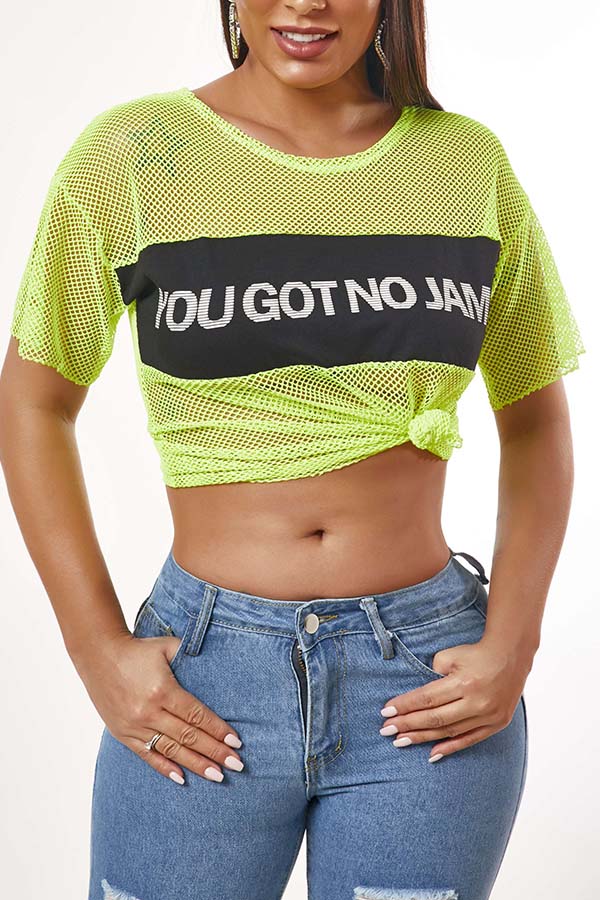 

Lovely Casual O Neck See-through Green T-shirt