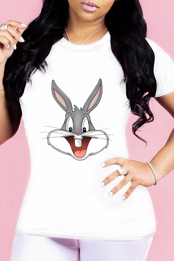 

Lovely Casual Cartoon Print White T-shirt