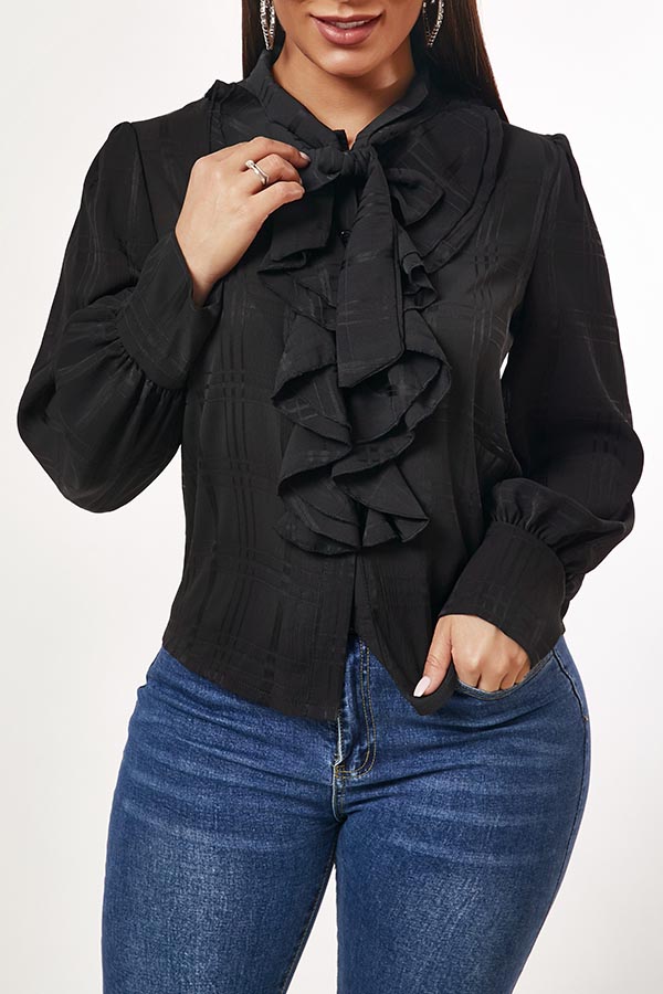Lovely Casual Flounce Design Black Blouse