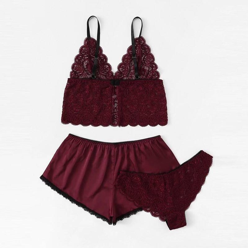 

Lovely Sexy Lace Hem Wine Red Sleepwear