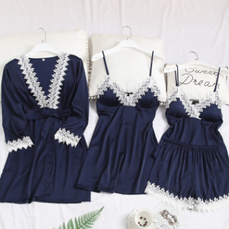 

Lovely Trendy Lace Hem Navy Blue Sleepwear
