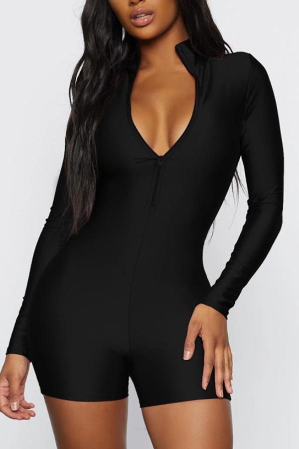 

Lovely Sportswear Zipper Design Black One-piece Romper