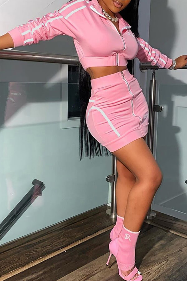 

Lovely Casual Zipper Design Pink Two-piece Skirt Set