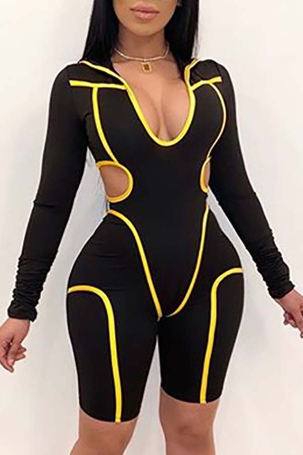 

Lovely Sportswear Hollow-out Yellow One-piece Romper