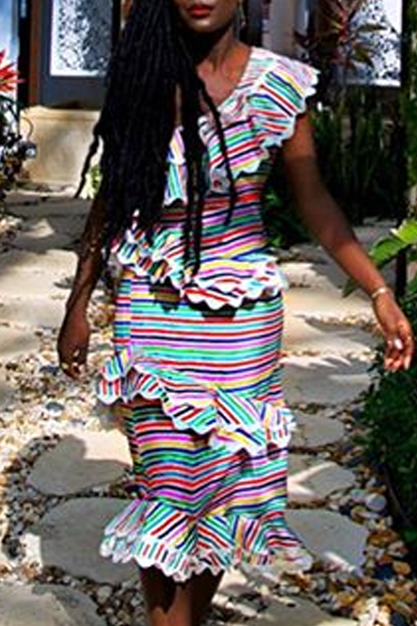 

Lovely Sweet Striped Multicolor Mid Calf Dress, Multi