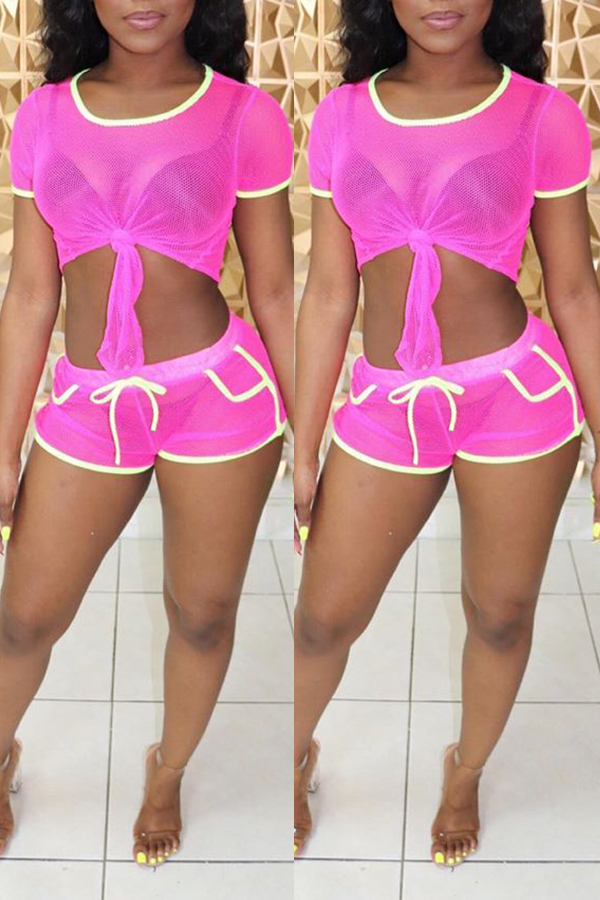 

Lovely Sexy See-through Rose Red Two-piece Shorts Set