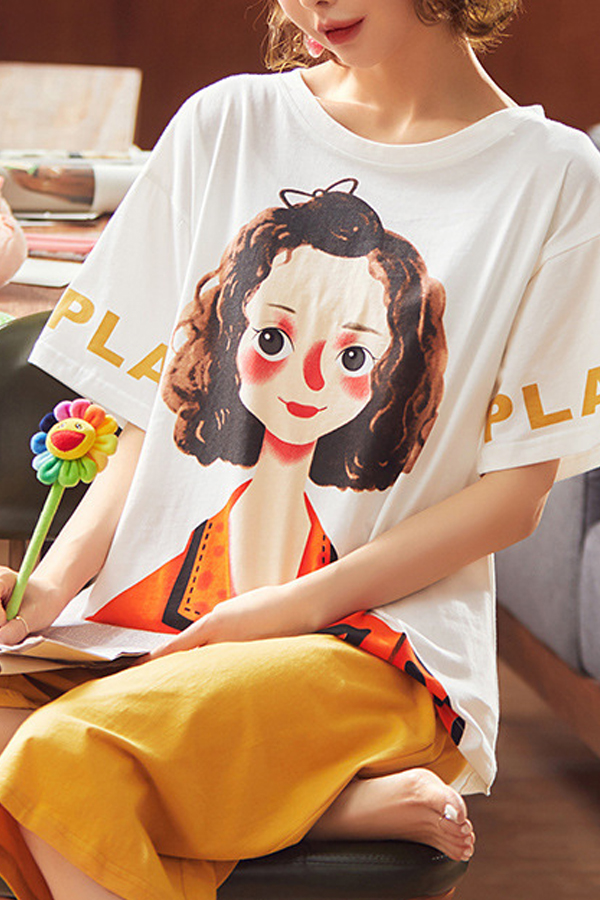 

Lovely Leisure Cartoon Print White Plus Size Two-piece Pants Set