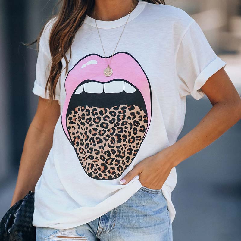 

Lovely Casual Lip Print White T-shirt