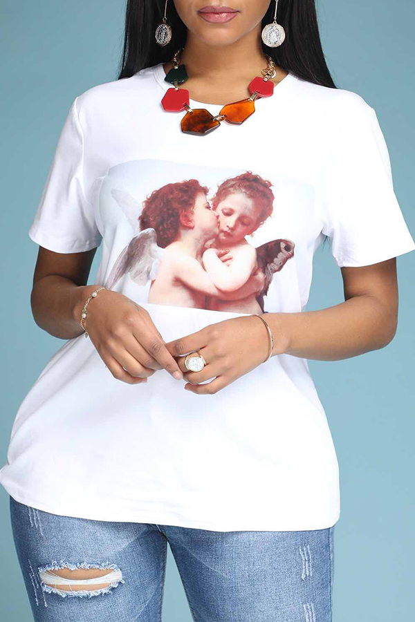 

Lovely Casual O Neck Print White T-shirt