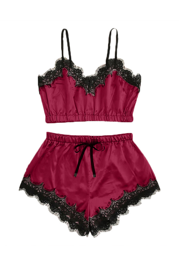 

Lovely Sexy Lace Hem Wine Red Sleepwear