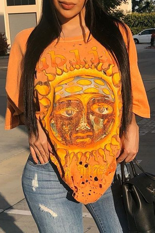 

Lovely Casual Print Orange T-shirt