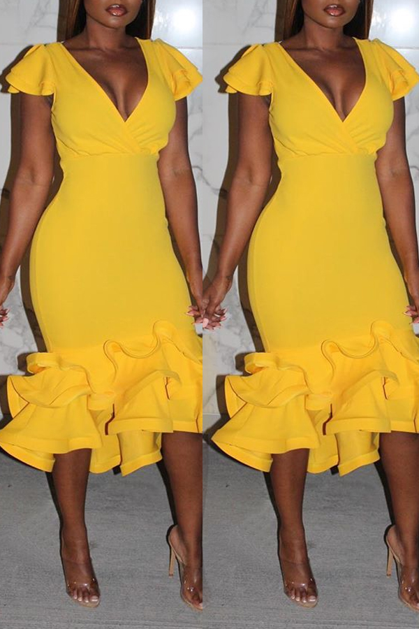

Lovely Trendy Flounce Design Yellow Mid Calf Dress