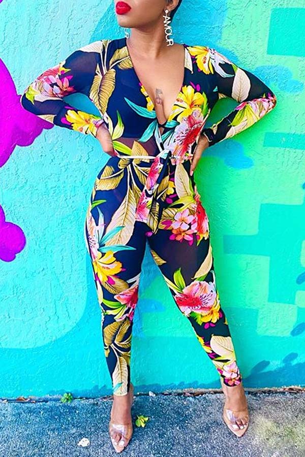 

Lovely Bohemian Plants Print Deep Blue One-piece Jumpsuit