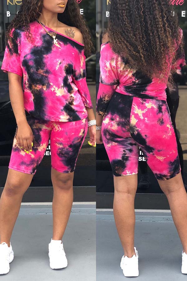 

Lovely Leisure Tie-dye Rose Red Two-piece Shorts Set