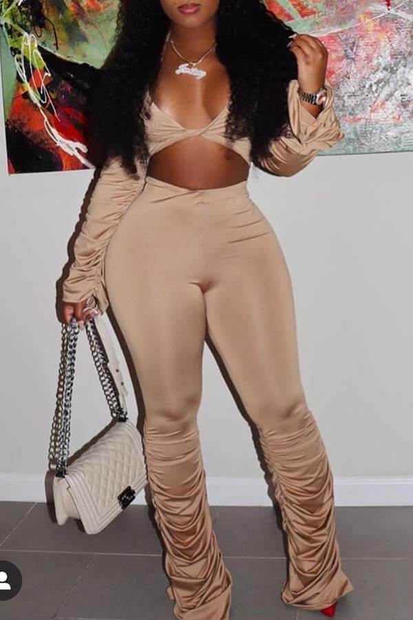 

LW Sexy Fold Design Khaki Two-piece Pants Set