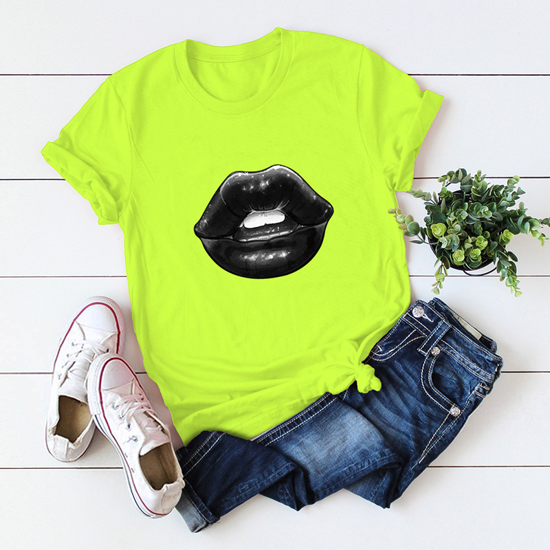 

Lovely Casual O Neck Lip Print Green Plus Size T-shirt