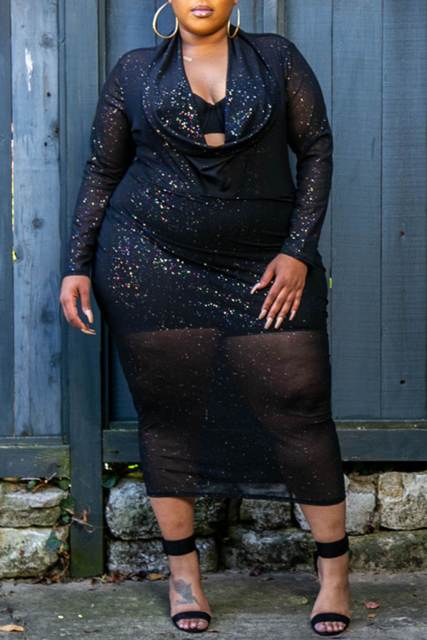 

Lovely Casual Fold Design Black Mid Calf Plus Size Dress