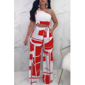 Lovely Trendy One Shoulder Red Two-piece Pants Set
