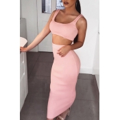 Lovely Casual U Neck Pink Two-piece Skirt Set