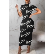 Lovely Casual Letter Print Black Ankle Length Dres