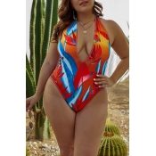 Lovely Casual V Neck Red  Plus Size One-piece Swim