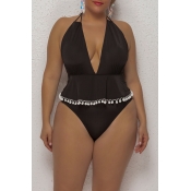 Lovely Flounce Black Plus Size One-piece Swimsuit