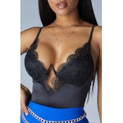 Lovely Sexy Lace Hem Black Bodysuit