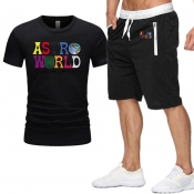 Men Lovely Trendy Print Black Tow-piece Shorts Set