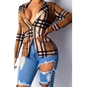 Lovely Chic Plaid Print Brown Coat
