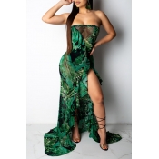Lovely Bohemian Dew Shoulder Green Trailing Dress