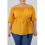 Lovely Trendy Grid Yellow Plus Size Blouse