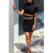 Lovely Casual Crop Top Black Two-piece Skirt Set