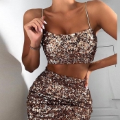 Lovely Casual Crop Top Gold Two-piece Skirt Set