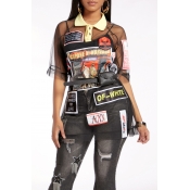 Lovely Casual See-through Print Black Mini Dress