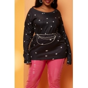 Lovely Casual Star Print  Black Plus Size Blouse