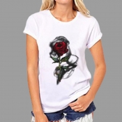 Lovely Casual Rose Print White  Plus Size T-shirt