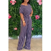 Lovely Trendy Striped Print Blue One-piece Jumpsui