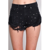 Lovely Casual Broken Holes Black Shorts