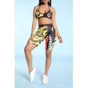 Lovely Sexy Printed Yellow Two-piece Shorts Set