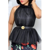 Lovely Trendy Flounce Design Black Blouse