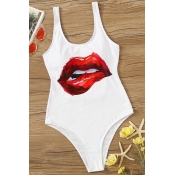 Lovely Lip Print White One-piece Swimsuit