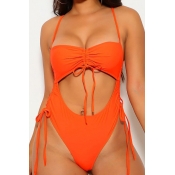 Lovely Lace-up Orange One-piece Swimsuit