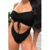 Lovely Lace-up Black One-piece Swimsuit