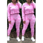 Lovely Casual Tie-dye Pink Two-piece Pants Set