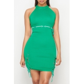 Lovely Trendy Lace-up Skinny Green Mini Dress
