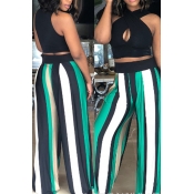 Lovely Casual Striped Print Green Two-piece Pants 